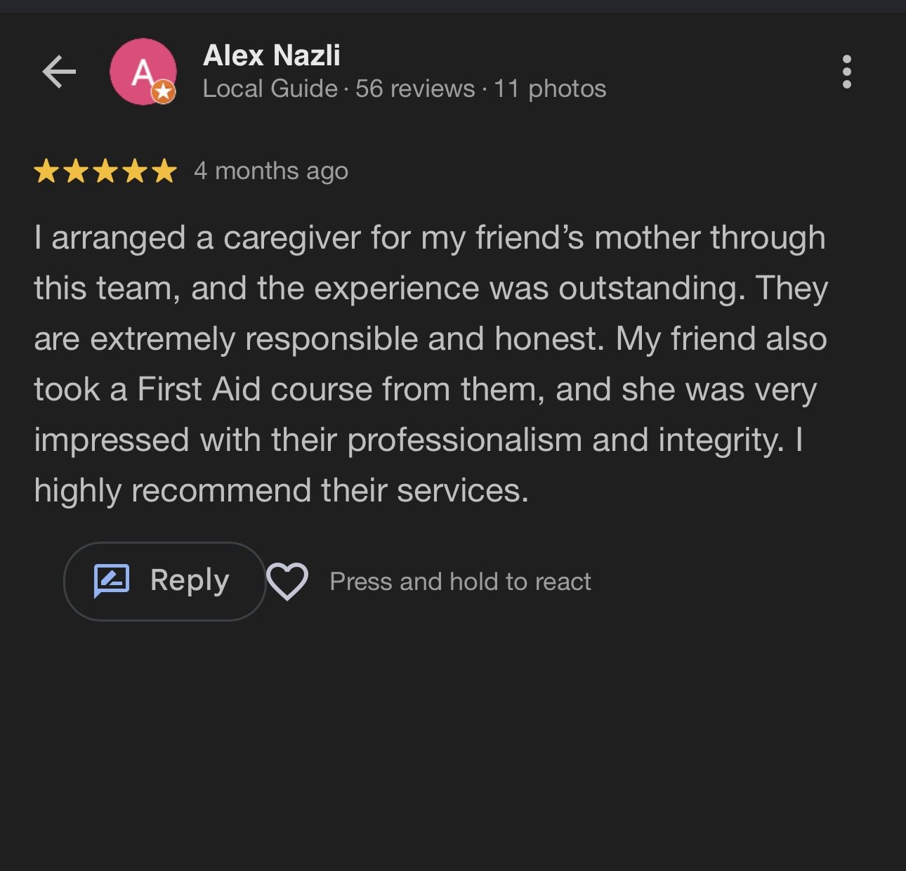 Five-star Google review from Alex Nazli praising the team's responsibility, honesty, professionalism, and integrity